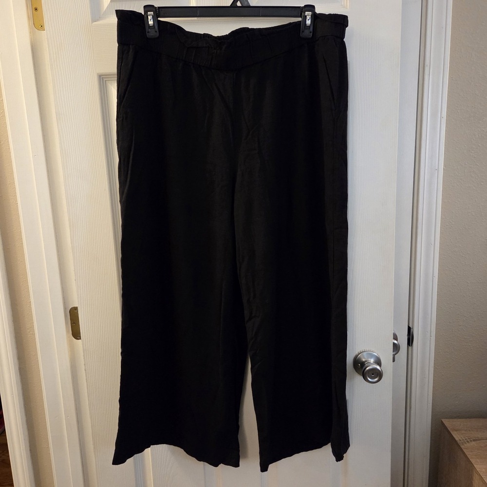 Loft sz XL pull on‎ wide leg rayon/linen black pants cropped lightweight summer